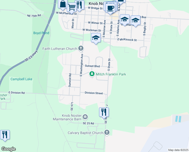 map of restaurants, bars, coffee shops, grocery stores, and more near 803 Hardy Street in Knob Noster
