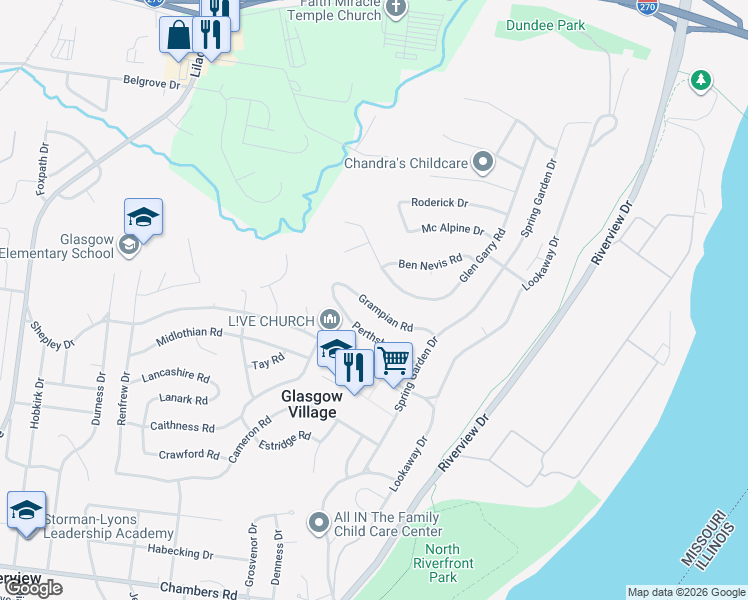 map of restaurants, bars, coffee shops, grocery stores, and more near 216 Grampian Road in St. Louis