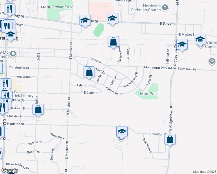 map of restaurants, bars, coffee shops, grocery stores, and more near 913 Anderson Street in Warrensburg