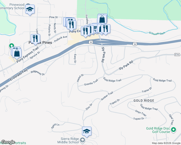 map of restaurants, bars, coffee shops, grocery stores, and more near 3146 Hazel Street in Pollock Pines