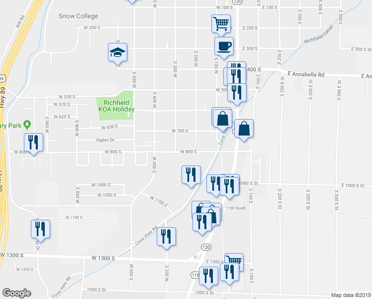 map of restaurants, bars, coffee shops, grocery stores, and more near 246 West 800 South in Richfield