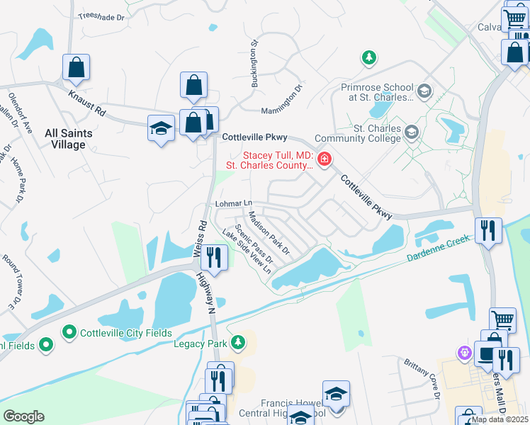map of restaurants, bars, coffee shops, grocery stores, and more near 329 Lake Side View Lane in St. Peters