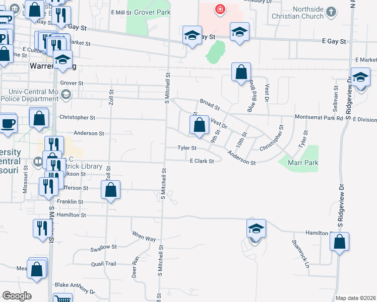 map of restaurants, bars, coffee shops, grocery stores, and more near 800 Tyler Street in Warrensburg