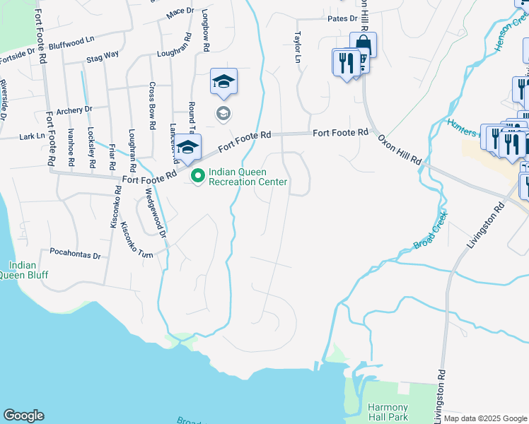 map of restaurants, bars, coffee shops, grocery stores, and more near 9613 Rooster Lane in Fort Washington