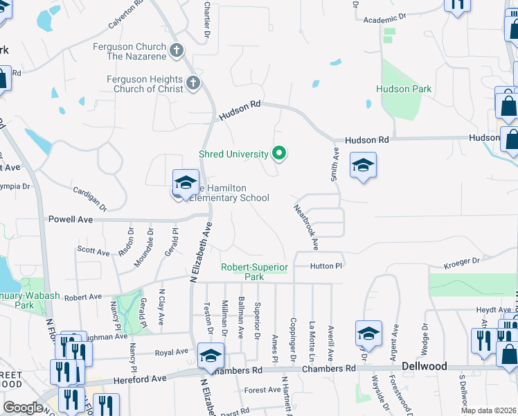 map of restaurants, bars, coffee shops, grocery stores, and more near 617 Plantmore Drive in Ferguson