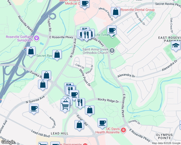map of restaurants, bars, coffee shops, grocery stores, and more near 4048 Vittorio Drive in Roseville