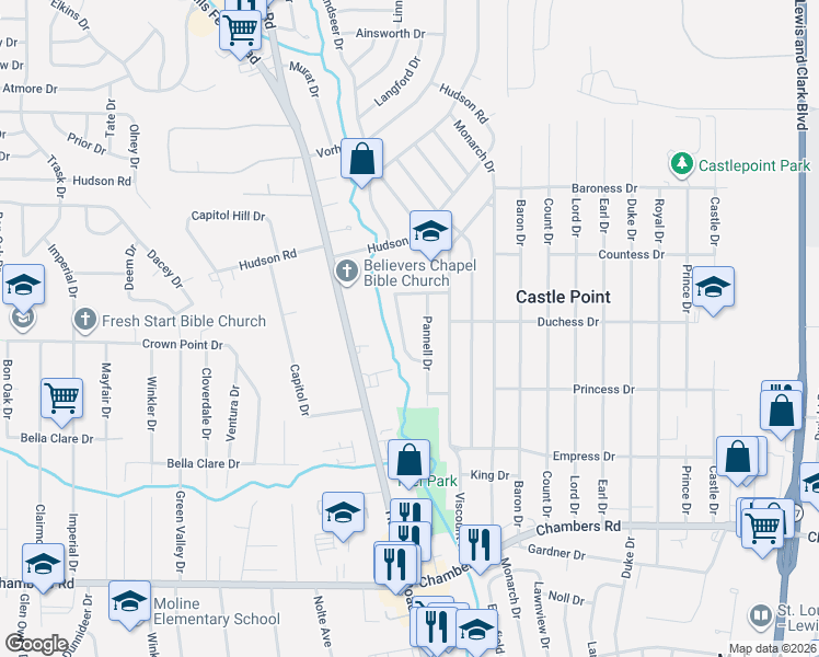 map of restaurants, bars, coffee shops, grocery stores, and more near 10238 Pannell Drive in St. Louis