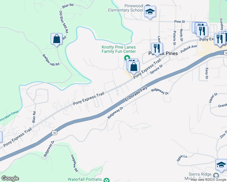 map of restaurants, bars, coffee shops, grocery stores, and more near 6068 Pony Express Trail in Pollock Pines