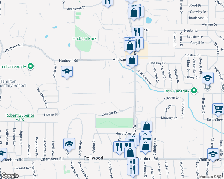map of restaurants, bars, coffee shops, grocery stores, and more near 905 Roussillon Court in Ferguson
