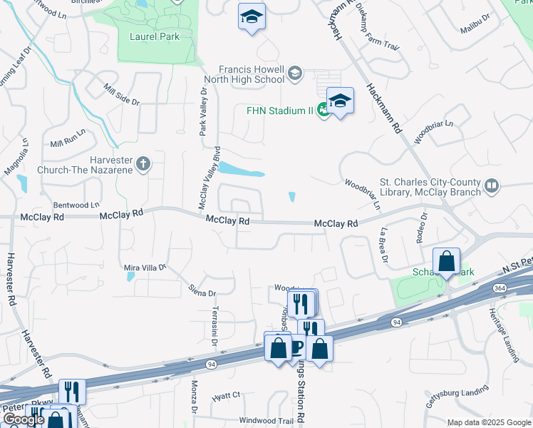 map of restaurants, bars, coffee shops, grocery stores, and more near 1608 Claydell Drive in St. Peters