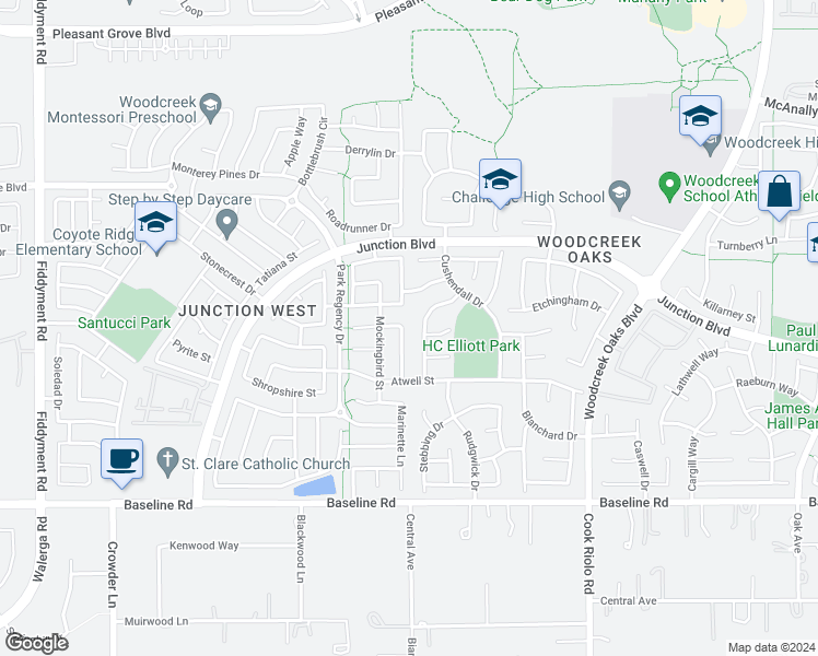map of restaurants, bars, coffee shops, grocery stores, and more near 1741 Tanager Way in Roseville