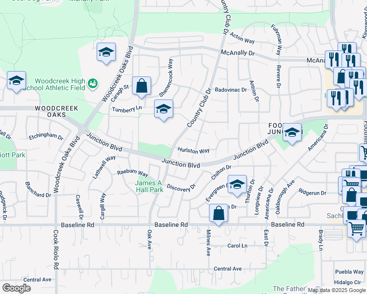 map of restaurants, bars, coffee shops, grocery stores, and more near 1422 Hurlston Way in Roseville