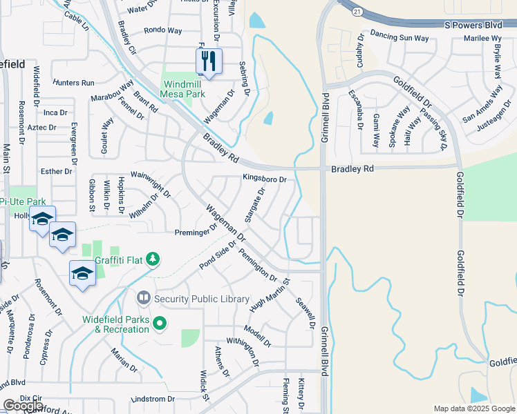 map of restaurants, bars, coffee shops, grocery stores, and more near 855 Stargate Drive in Colorado Springs