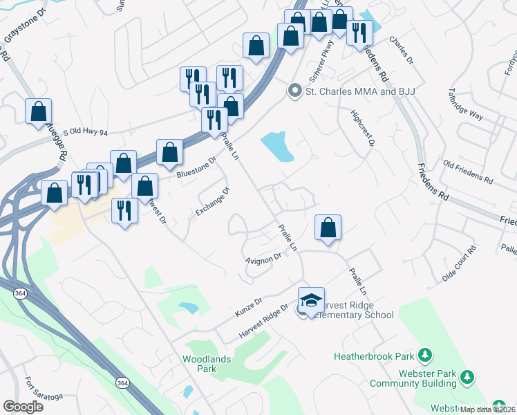 map of restaurants, bars, coffee shops, grocery stores, and more near 1099 Pralle Lane in Saint Charles