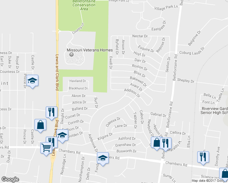 map of restaurants, bars, coffee shops, grocery stores, and more near 1236 Addison Drive in St. Louis