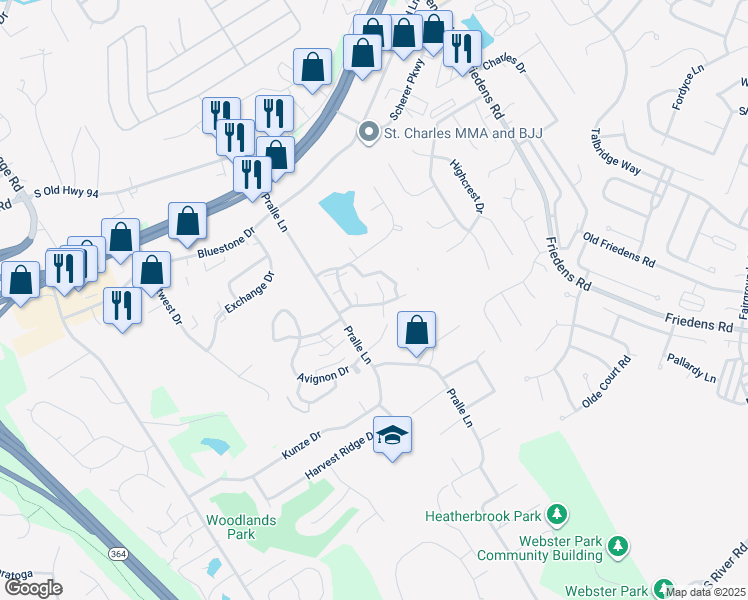 map of restaurants, bars, coffee shops, grocery stores, and more near 17 Sugar Maple Lane in Saint Charles