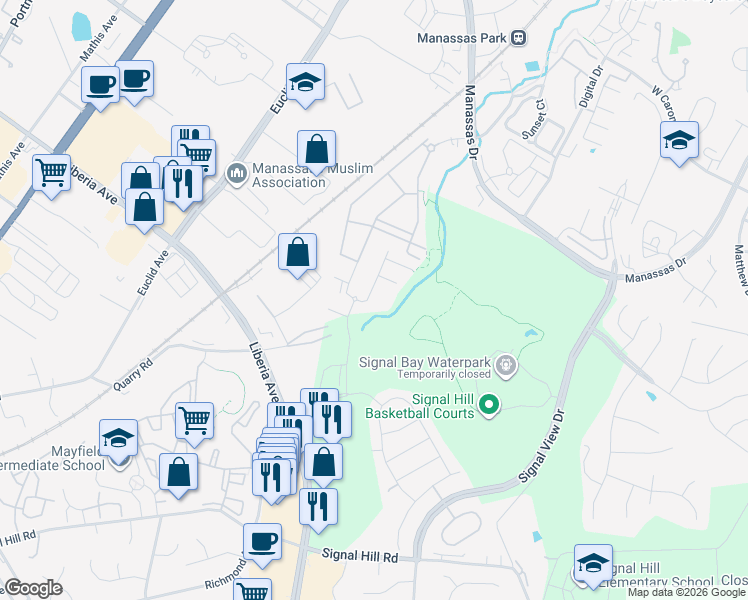 map of restaurants, bars, coffee shops, grocery stores, and more near 9195 Wyche Knoll Lane in Manassas