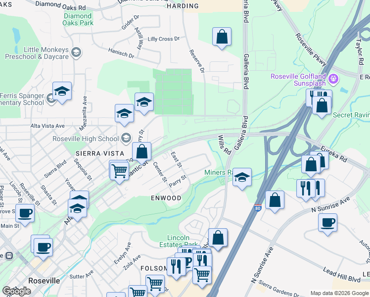 map of restaurants, bars, coffee shops, grocery stores, and more near 1017 Shearer Street in Roseville
