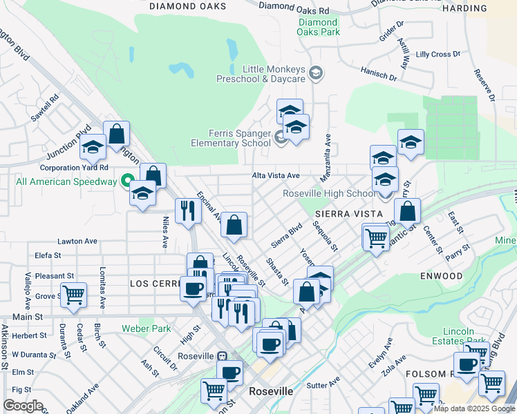 map of restaurants, bars, coffee shops, grocery stores, and more near 534 Shasta Street in Roseville