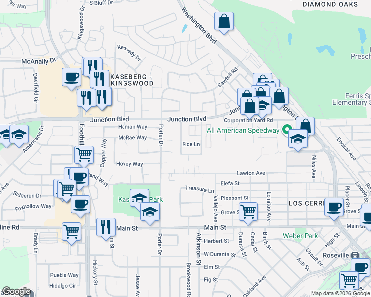 map of restaurants, bars, coffee shops, grocery stores, and more near 1314 Len Way in Roseville