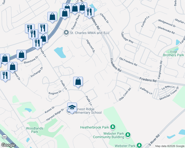 map of restaurants, bars, coffee shops, grocery stores, and more near 1741 Chandler Way in Saint Charles