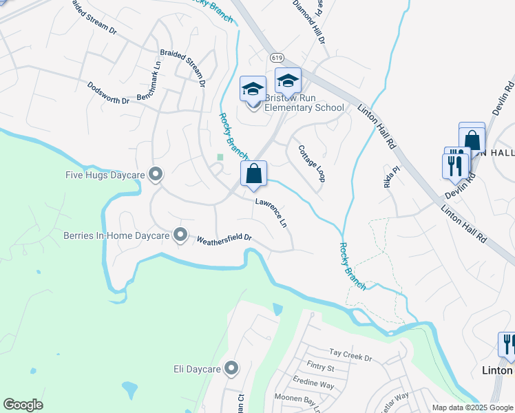 map of restaurants, bars, coffee shops, grocery stores, and more near 9107 Kearney Place in Bristow