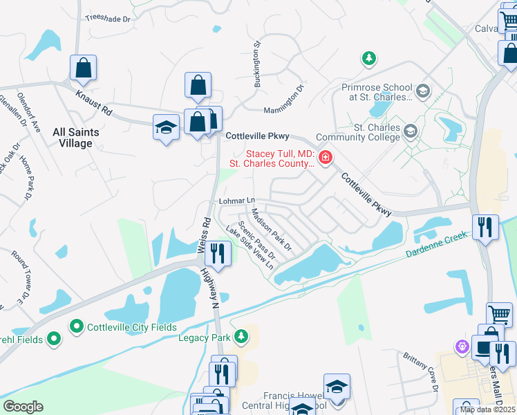 map of restaurants, bars, coffee shops, grocery stores, and more near 329 Lake Side View Lane in St. Peters