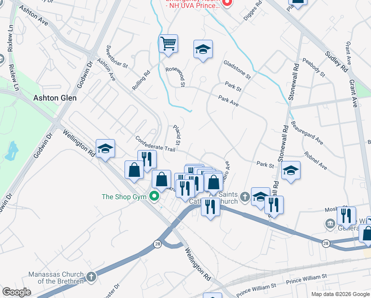 map of restaurants, bars, coffee shops, grocery stores, and more near 9210 Robin Lynn Court in Manassas