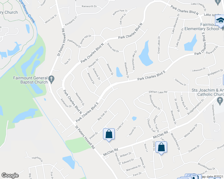 map of restaurants, bars, coffee shops, grocery stores, and more near 47 Park Charles Boulevard South in Saint Peters
