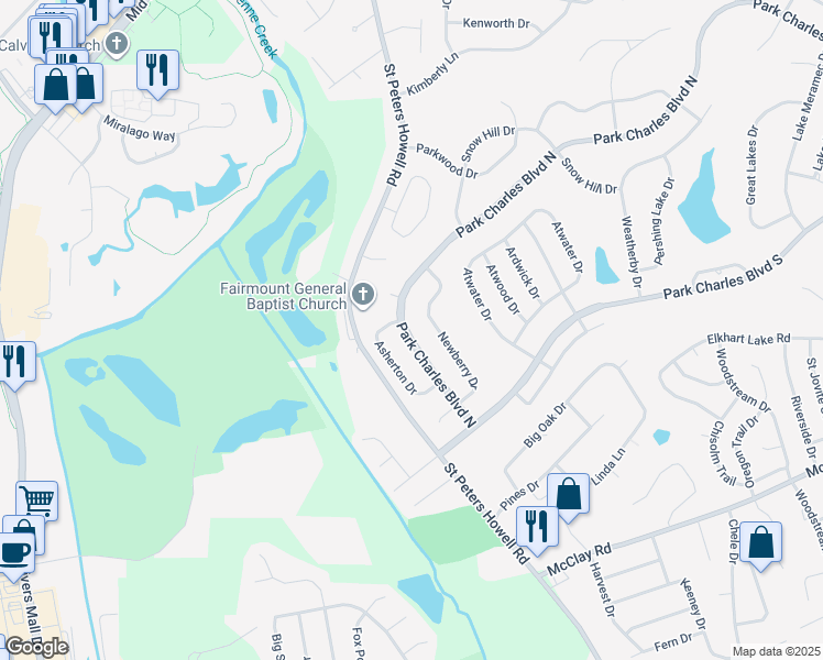 map of restaurants, bars, coffee shops, grocery stores, and more near 28 Park Charles Boulevard North in St. Peters