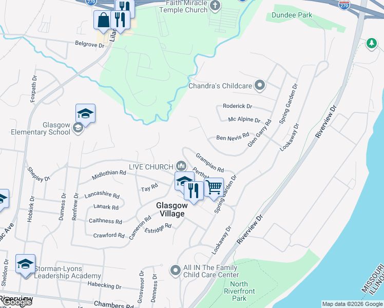 map of restaurants, bars, coffee shops, grocery stores, and more near 216 Grampian Road in St. Louis