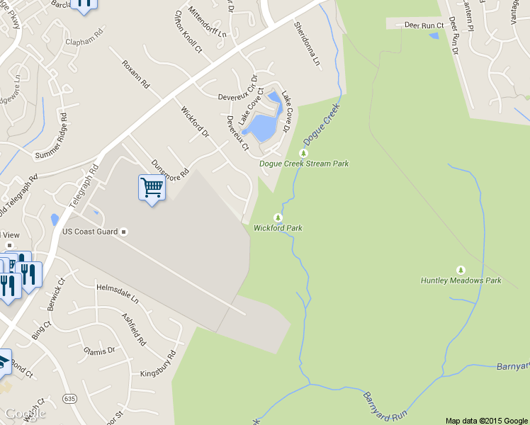 map of restaurants, bars, coffee shops, grocery stores, and more near 7331 Wickford Drive in Alexandria