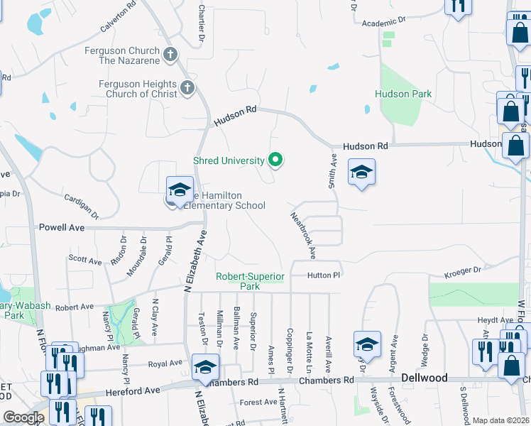 map of restaurants, bars, coffee shops, grocery stores, and more near 617 Plantmore Drive in Ferguson