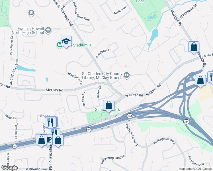 map of restaurants, bars, coffee shops, grocery stores, and more near 1686 Rodeo Drive in Saint Charles