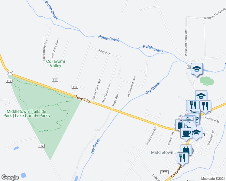 map of restaurants, bars, coffee shops, grocery stores, and more near 20865 Napa Avenue in Middletown