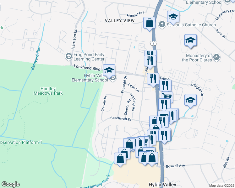 map of restaurants, bars, coffee shops, grocery stores, and more near 7402 Convair Drive in Alexandria