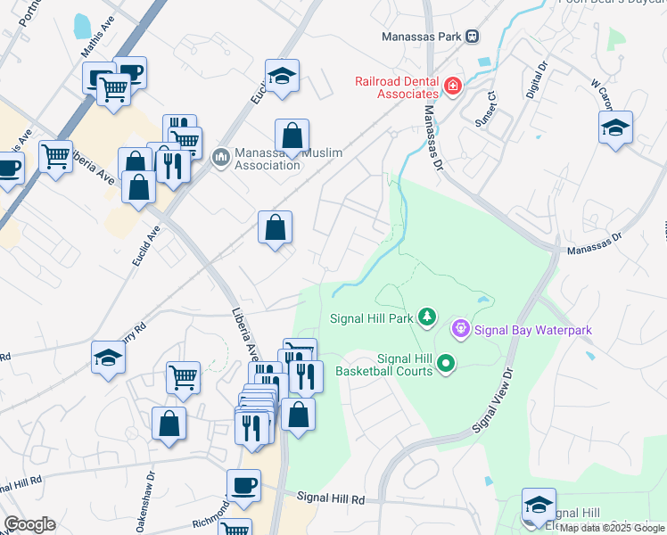 map of restaurants, bars, coffee shops, grocery stores, and more near 9196 Wyche Knoll Lane in Manassas