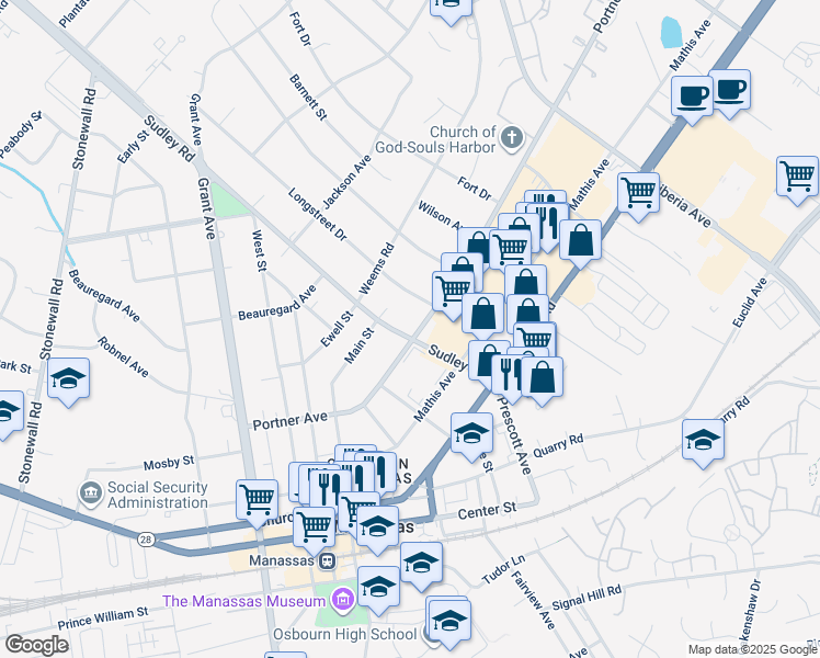 map of restaurants, bars, coffee shops, grocery stores, and more near 9111 Sudley Road in Manassas