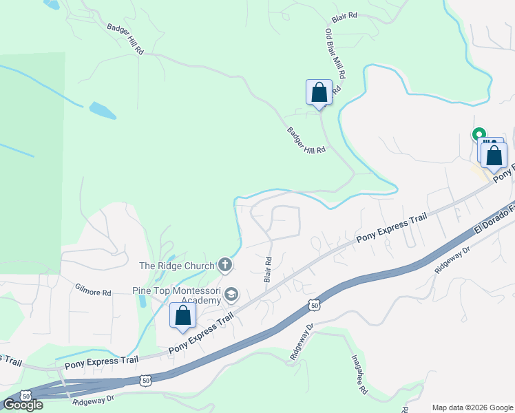 map of restaurants, bars, coffee shops, grocery stores, and more near 2830 Blair Road in Pollock Pines