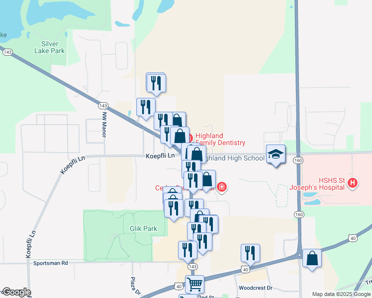 map of restaurants, bars, coffee shops, grocery stores, and more near in Highland