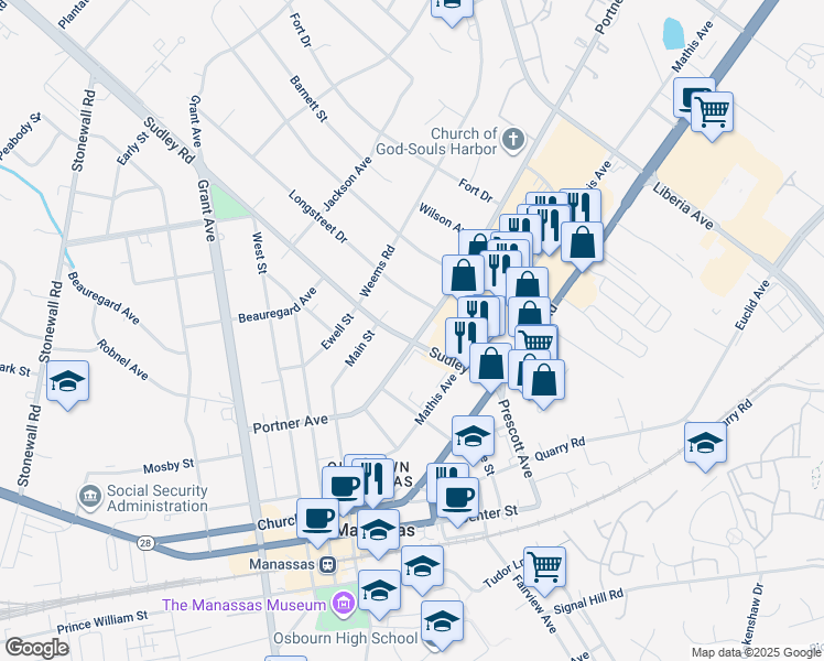 map of restaurants, bars, coffee shops, grocery stores, and more near 9111 Sudley Road in Manassas