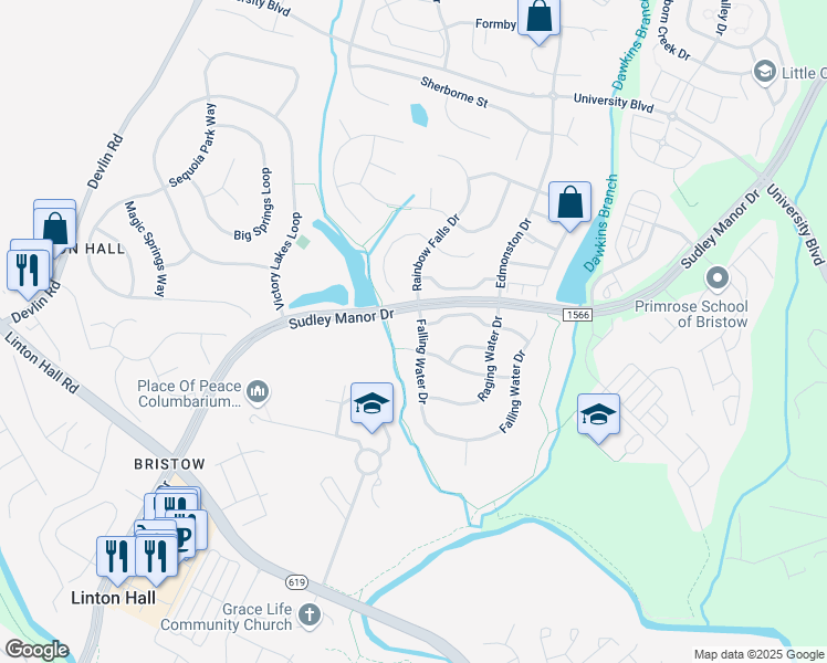 map of restaurants, bars, coffee shops, grocery stores, and more near 9208 Falling Water Drive in Bristow