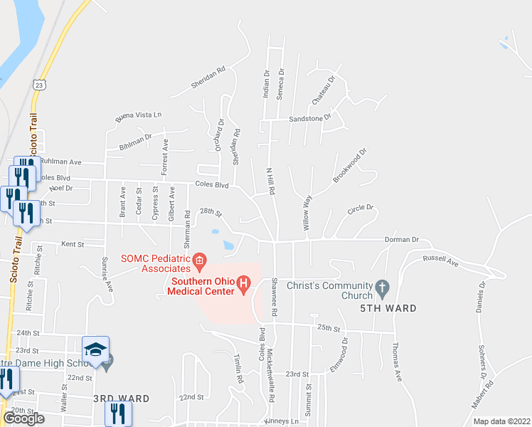 map of restaurants, bars, coffee shops, grocery stores, and more near 2901 Coles Ridge in Portsmouth