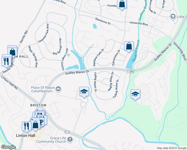 map of restaurants, bars, coffee shops, grocery stores, and more near 9208 Falling Water Drive in Bristow