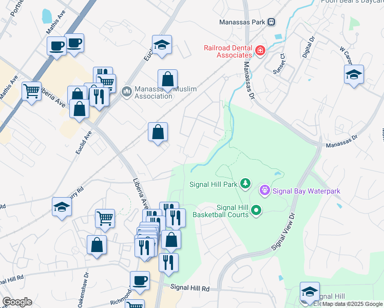 map of restaurants, bars, coffee shops, grocery stores, and more near 9196 Wyche Knoll Lane in Manassas