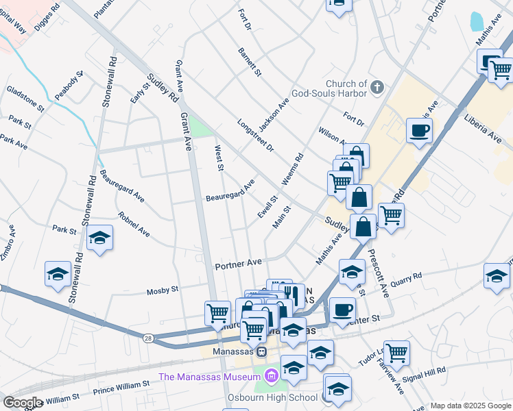 map of restaurants, bars, coffee shops, grocery stores, and more near 9105 Taylor Street in Manassas