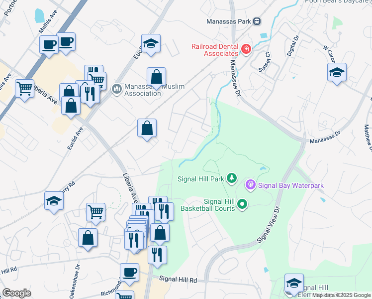 map of restaurants, bars, coffee shops, grocery stores, and more near 9189 Wyche Knoll Lane in Manassas