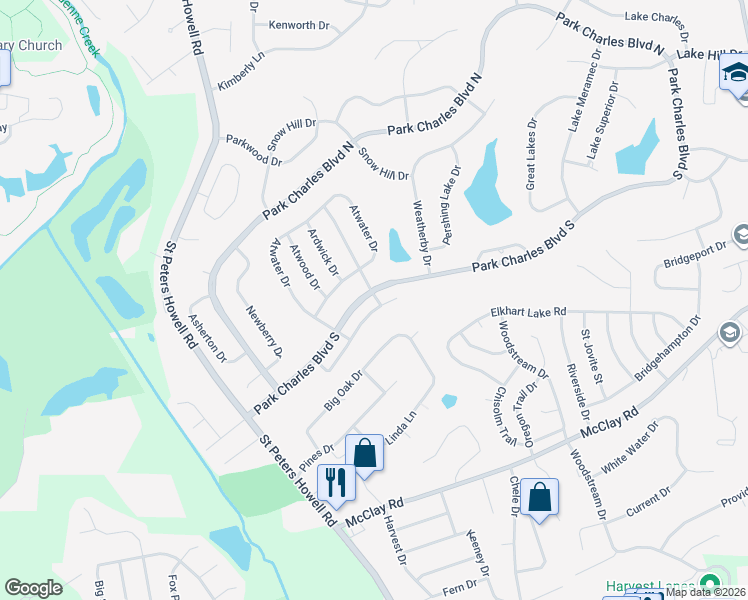 map of restaurants, bars, coffee shops, grocery stores, and more near 47 Park Charles Boulevard South in St. Peters