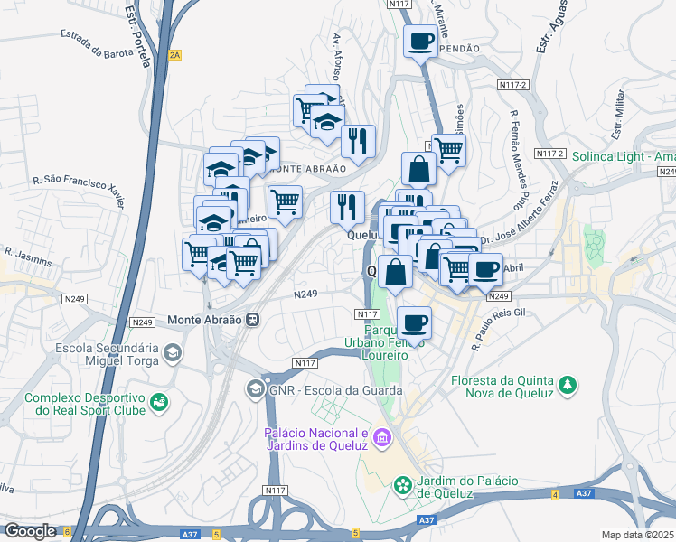 map of restaurants, bars, coffee shops, grocery stores, and more near 311A Rua Maria Brown in São Domingos de Rana