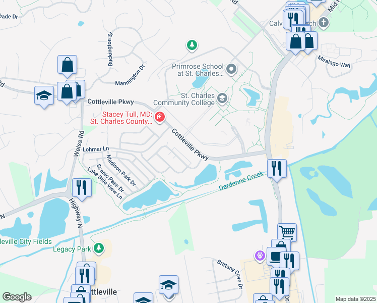 map of restaurants, bars, coffee shops, grocery stores, and more near 1601 Cottleville Parkway in Cottleville